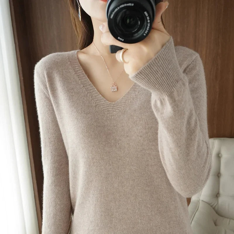 Women’s V-Neck Solid Knit Sweater – Casual Slim Fit Spring Autumn Top