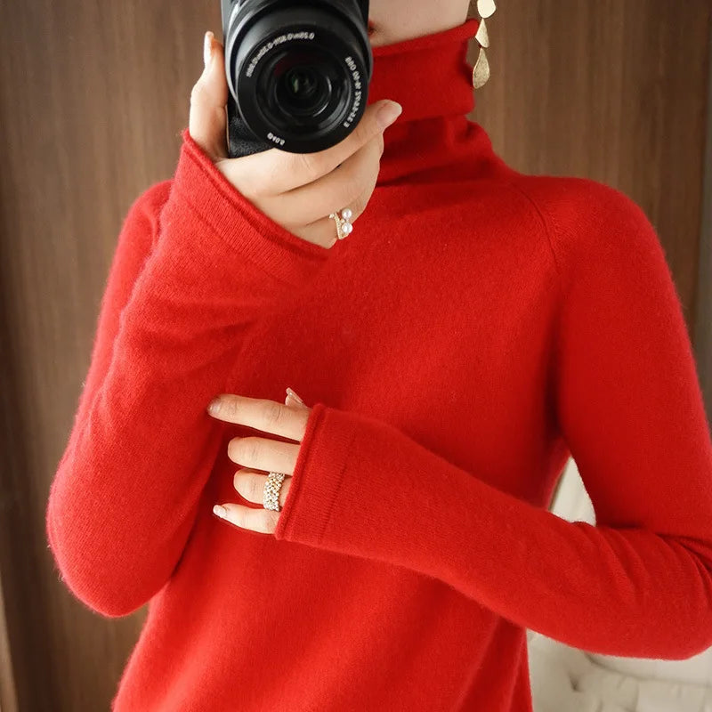 Women’s Turtleneck Slim Sweater, Solid High-Stretch Knit Top Autumn Winter