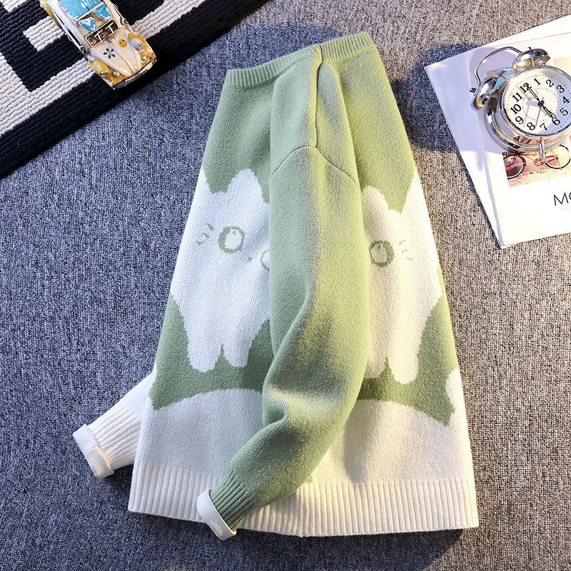 Men’s Cartoon Cat Knit Sweater 2025 – Warm Autumn/Winter Pullover Home Wear