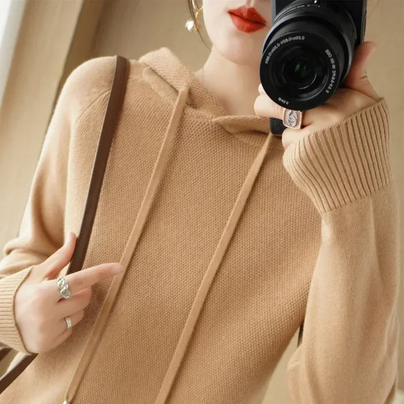 Women’s Hooded Knit Sweater – Warm Long Sleeve Autumn Winter Pullover