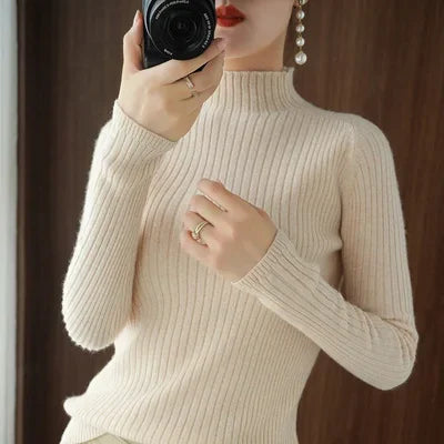 Women’s Thick Warm Slim Sweater, Solid Knit Half-High Collar Autumn Winter