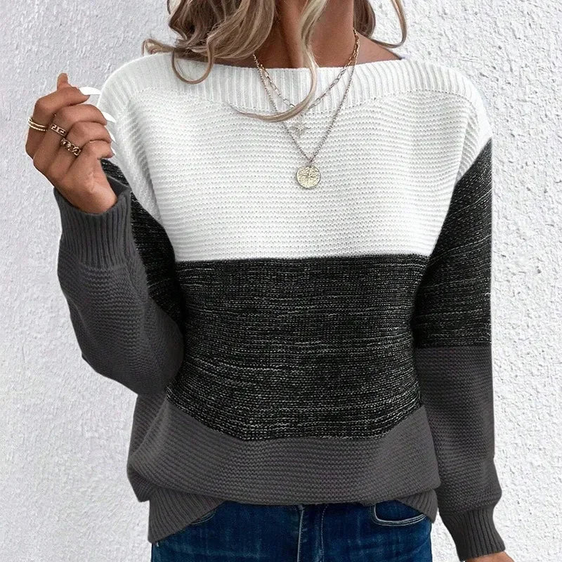 Women’s Contrast Color Round-Neck Knit Sweater – Casual Fall Pullover