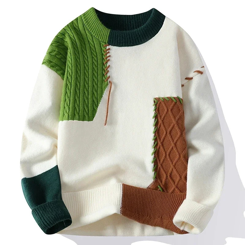 Men’s Patchwork Knit Sweater – Trendy Autumn Winter Streetwear 2025