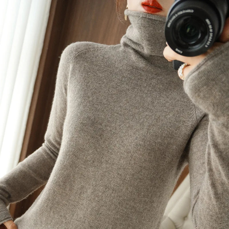 Women’s Turtleneck Slim Sweater, Solid High-Stretch Knit Top Autumn Winter