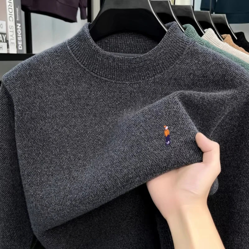 Men’s Velvet Knit Sweater – Luxury Embroidered Warm Winter Round-Neck Top