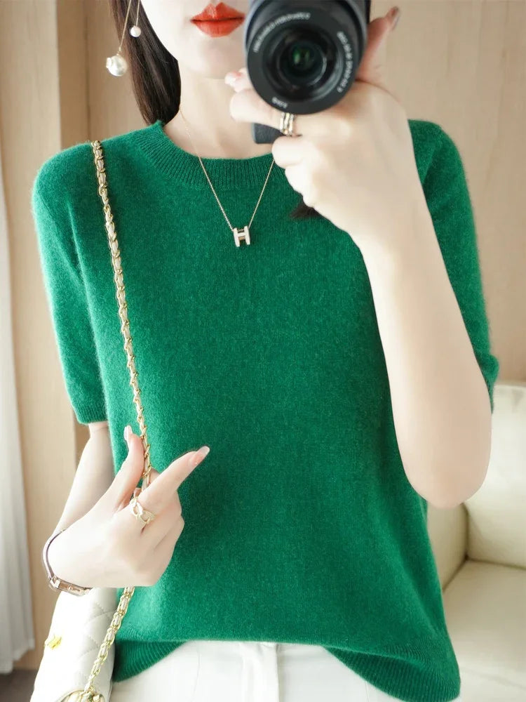 Short Sleeve O-Neck Knit Sweater for Women – Spring Summer Slim Pullover