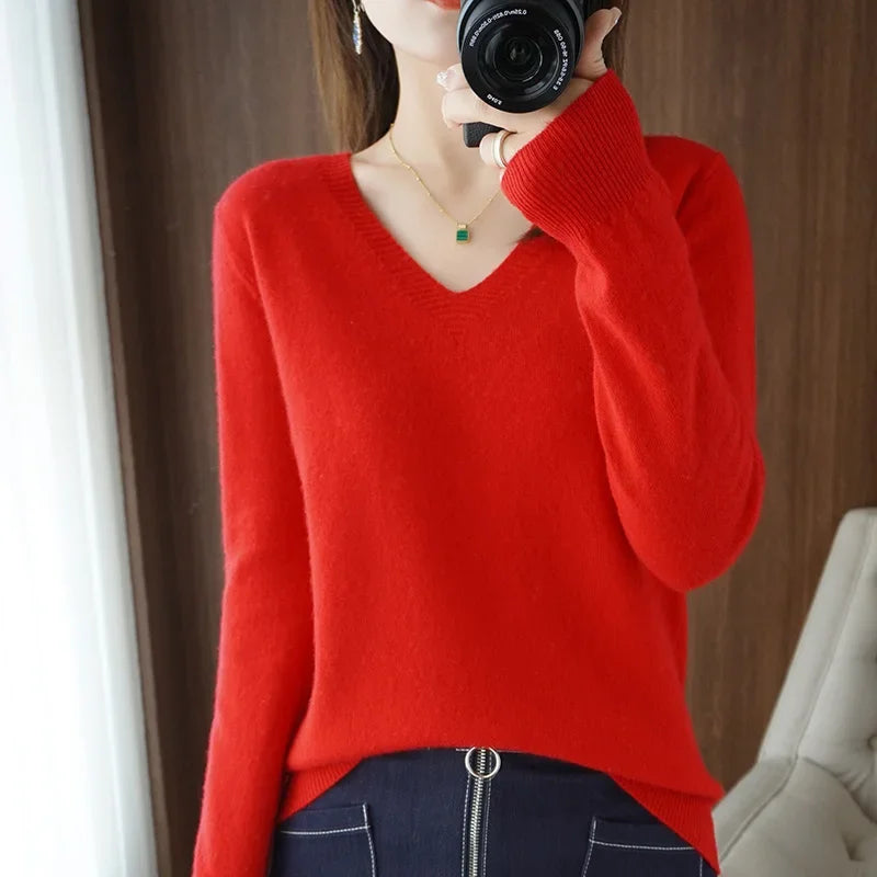Women’s V-Neck Solid Knit Sweater – Casual Slim Fit Spring Autumn Top
