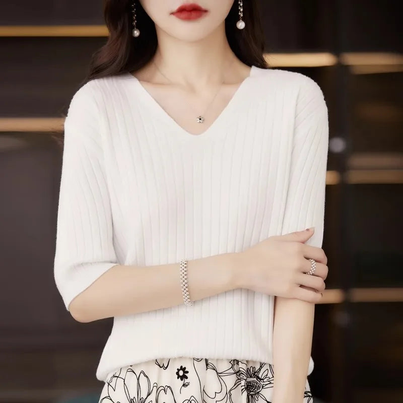 Women’s Short Sleeve V-Neck Knit Top – Casual Summer Stripe Pullover