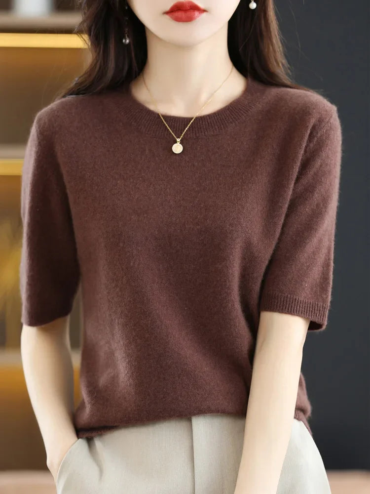 Short Sleeve O-Neck Knit Sweater for Women – Spring Summer Slim Pullover