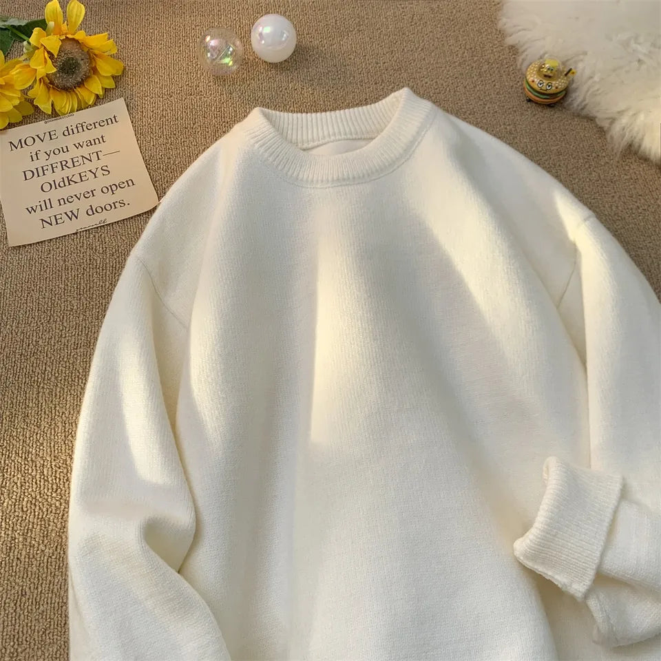 Men’s Loose Retro Knit Sweater, Simple Thick Winter Layering Pullover