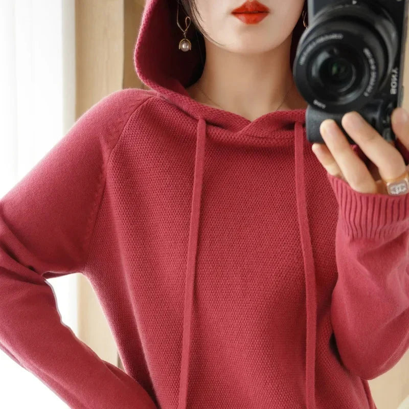 Women’s Hooded Knit Sweater – Warm Long Sleeve Autumn Winter Pullover