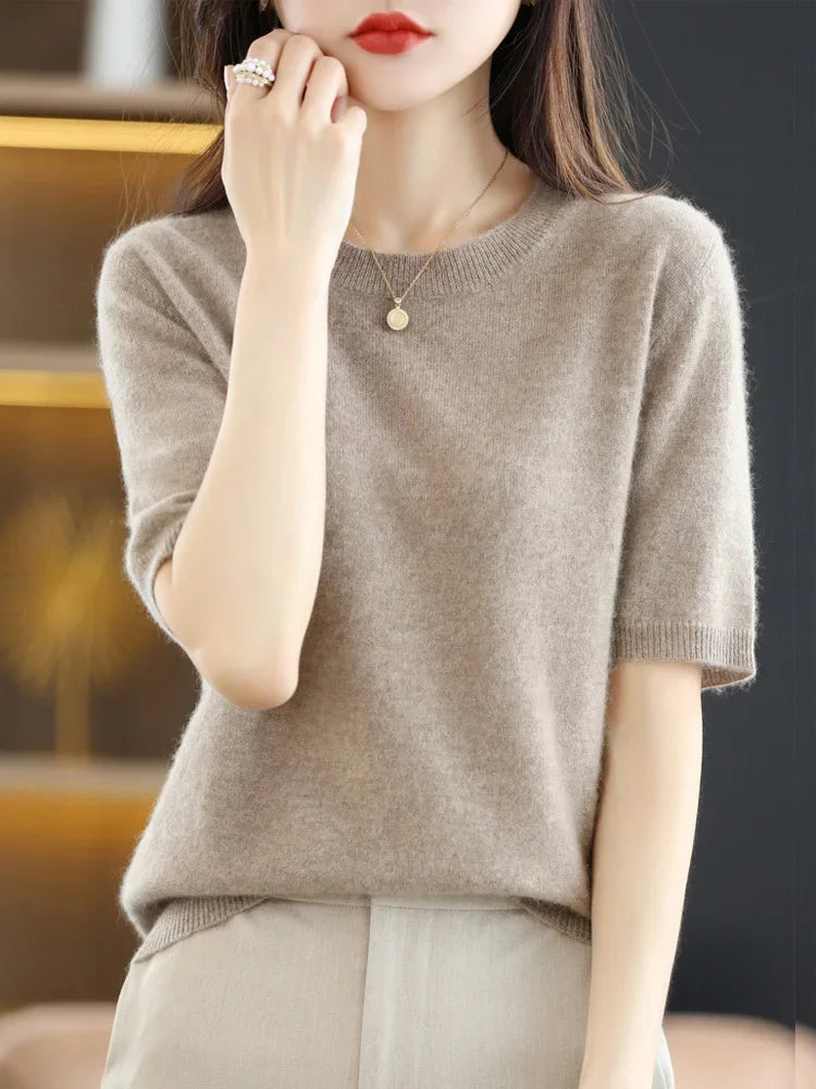 Short Sleeve O-Neck Knit Sweater for Women – Spring Summer Slim Pullover