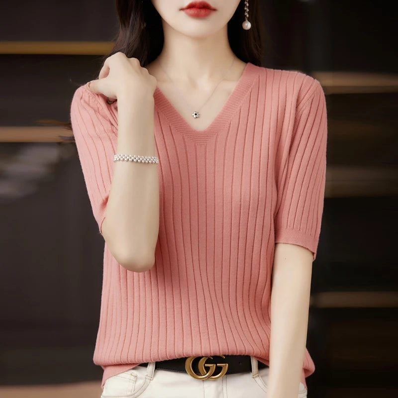 Women’s Short Sleeve V-Neck Knit Top – Casual Summer Stripe Pullover