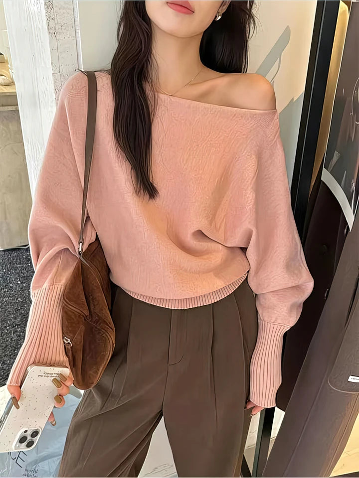 Women’s Batwing Off-Shoulder Knit Sweater – Thick Loose Autumn Pullover