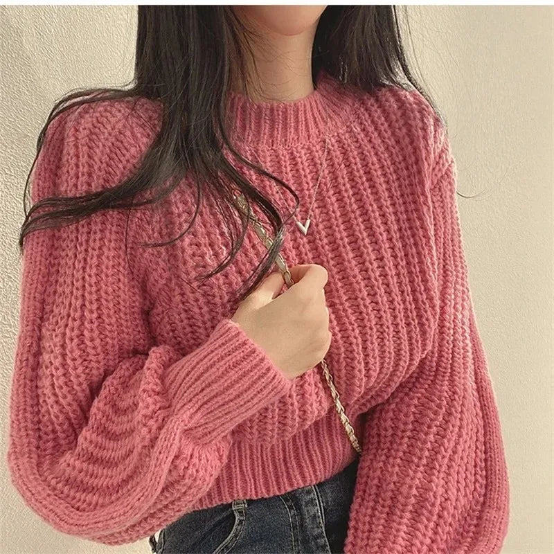 Women’s Vintage Harajuku Lantern Sleeve Sweater – Soft Winter Knit Top