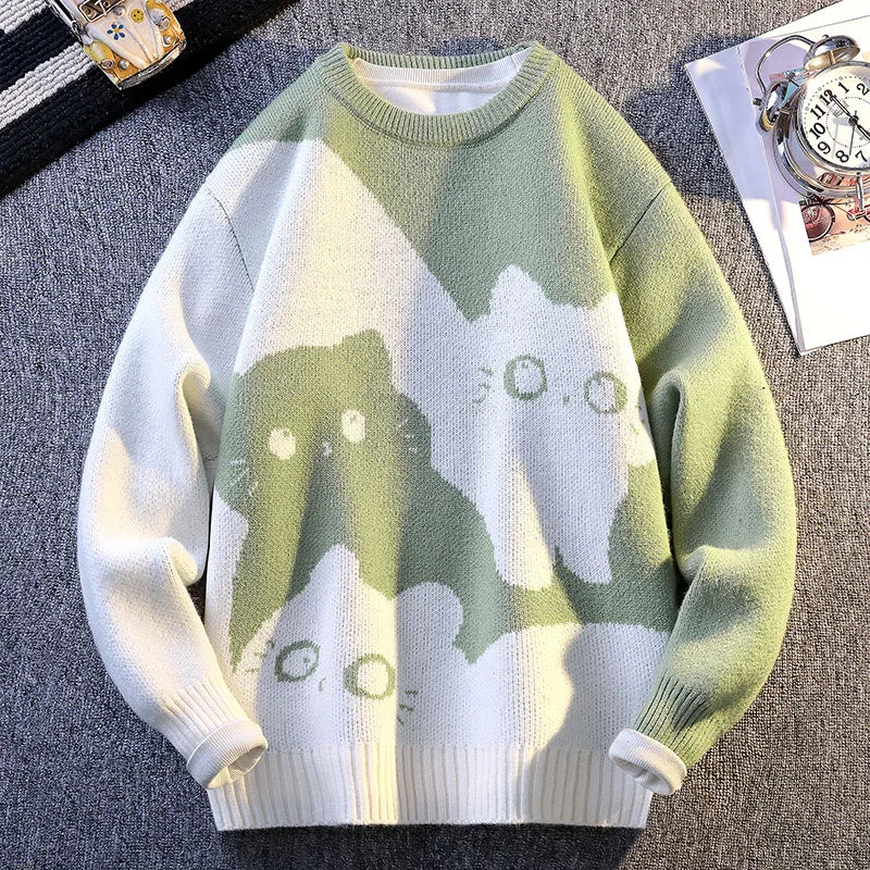 Men’s Cartoon Cat Knit Sweater 2025 – Warm Autumn/Winter Pullover Home Wear