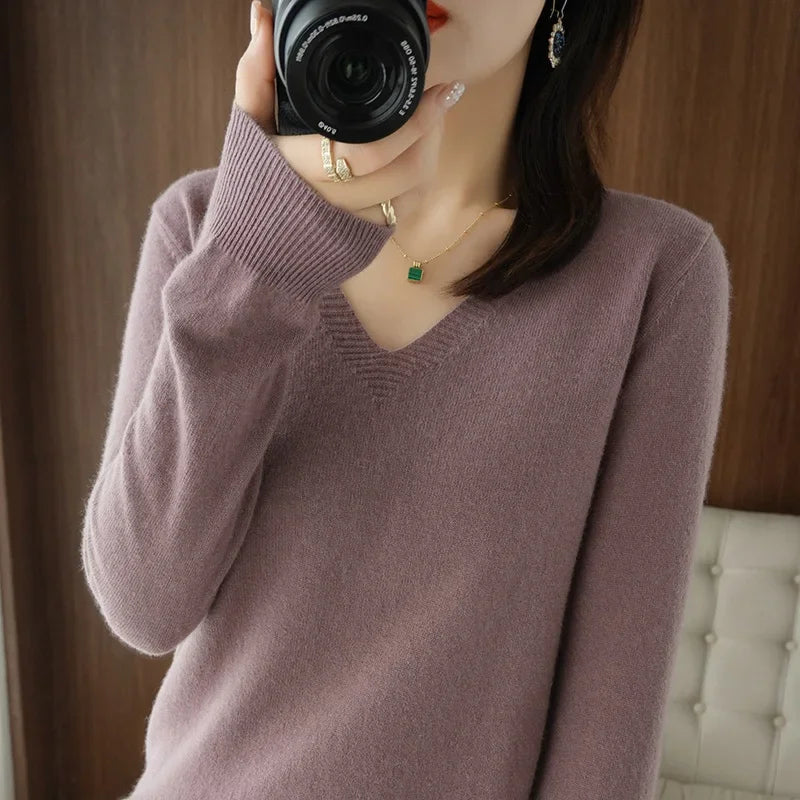 Women’s V-Neck Solid Knit Sweater – Casual Slim Fit Spring Autumn Top