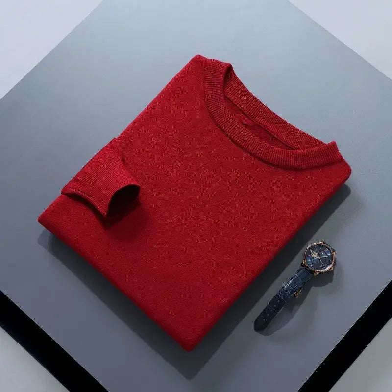 Men’s Soft Wool Sweater, Loose Round Neck Solid Warm Business Knit Top