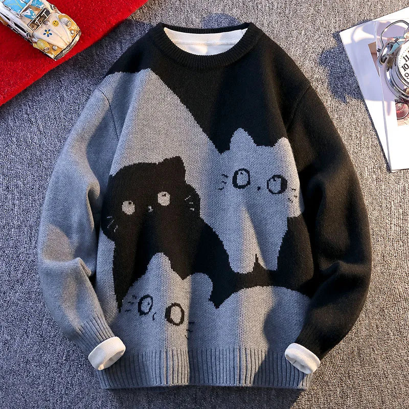 Men’s Cartoon Cat Knit Sweater 2025 – Warm Autumn/Winter Pullover Home Wear
