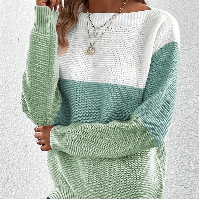 Women’s Contrast Color Round-Neck Knit Sweater – Casual Fall Pullover