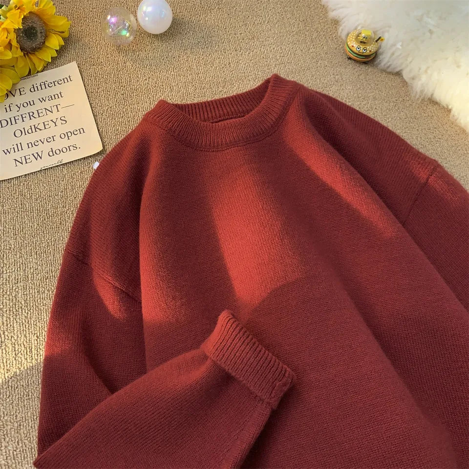 Men’s Loose Retro Knit Sweater, Simple Thick Winter Layering Pullover