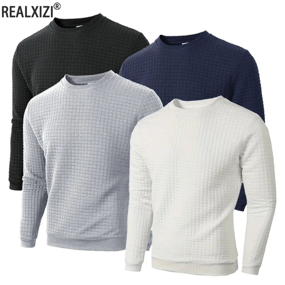 Men’s Crew Neck Knit Pullover, Solid Jacquard Check Slim Casual Sweater