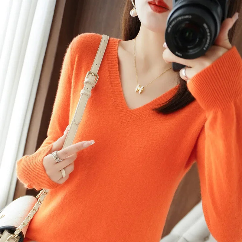 Women’s V-Neck Solid Knit Sweater – Casual Slim Fit Spring Autumn Top