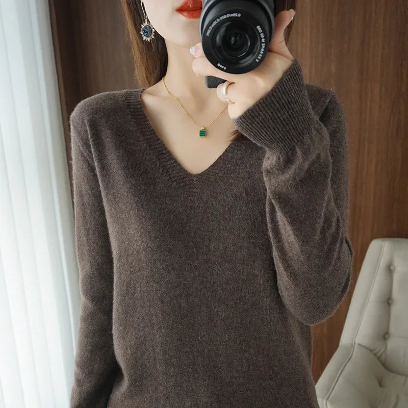 Women’s V-Neck Solid Knit Sweater – Casual Slim Fit Spring Autumn Top