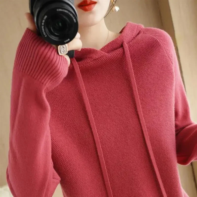 Women’s Hooded Knit Sweater – Warm Long Sleeve Autumn Winter Pullover