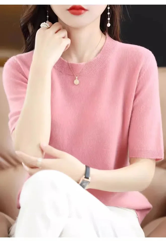 Short Sleeve O-Neck Knit Sweater for Women – Spring Summer Slim Pullover