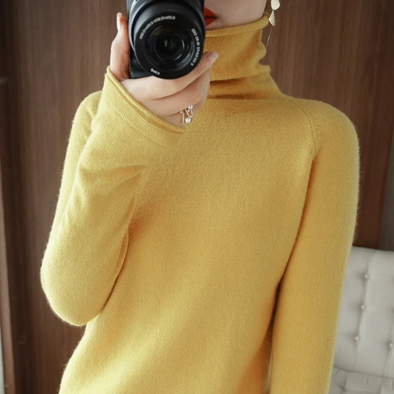 Women’s Turtleneck Slim Sweater, Solid High-Stretch Knit Top Autumn Winter