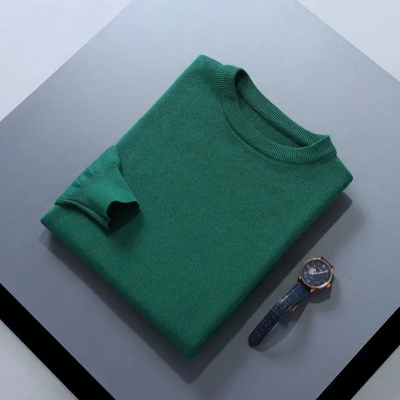 Men’s Soft Wool Sweater, Loose Round Neck Solid Warm Business Knit Top