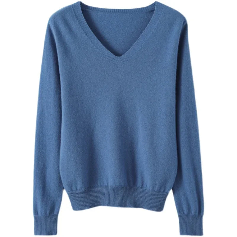 Women’s V-Neck Solid Knit Sweater – Casual Slim Fit Spring Autumn Top