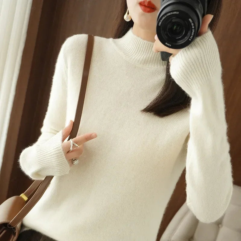 Women’s Warm High-Neck Knit Sweater – Autumn/Winter Long Sleeve Basic Top