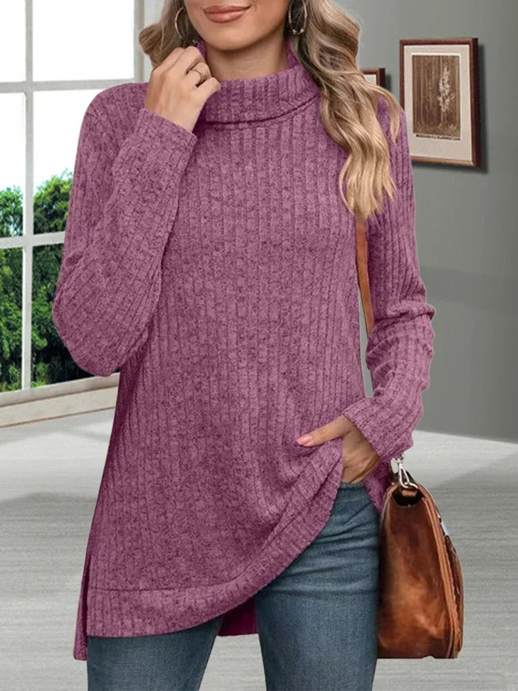Women’s Loose Thick Turtleneck Sweater, Soft Striped Knit Warm Pullover