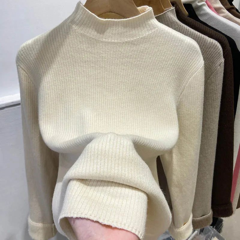 Women’s Thick Velvet Turtleneck Knit, Warm Black Slim Pullover Sweater