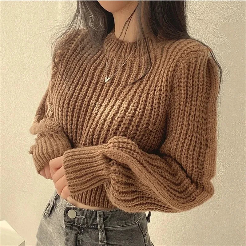 Women’s Vintage Harajuku Lantern Sleeve Sweater – Soft Winter Knit Top