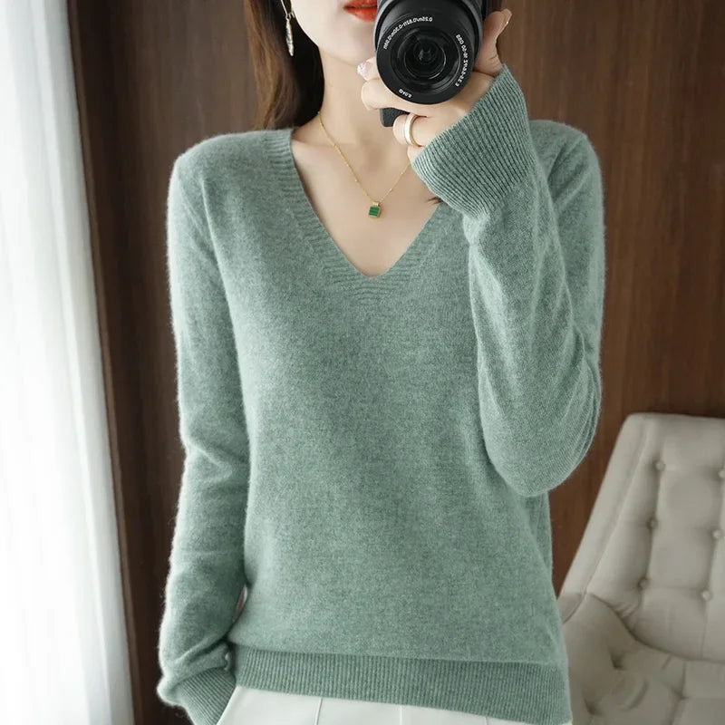 Women’s V-Neck Solid Knit Sweater – Casual Slim Fit Spring Autumn Top