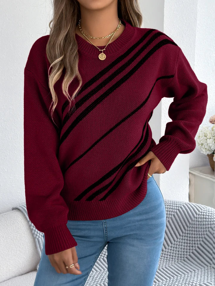 Women’s Twill Texture Color-Block Knit Sweater – Long Sleeve Vacation Top