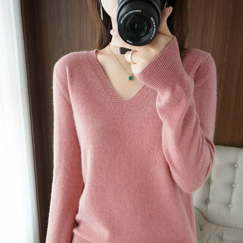 Women’s V-Neck Solid Knit Sweater – Casual Slim Fit Spring Autumn Top