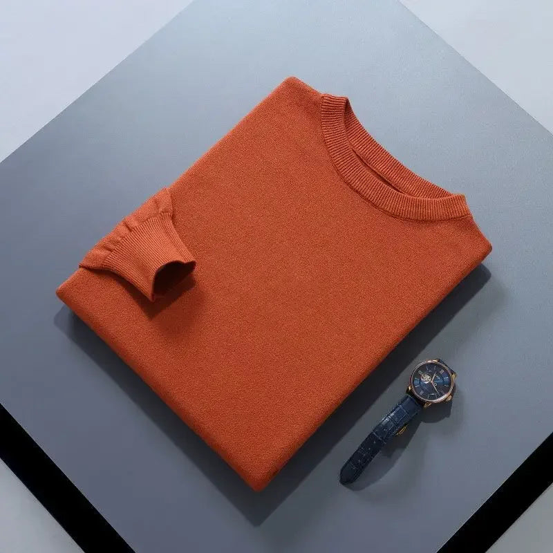 Men’s Soft Wool Sweater, Loose Round Neck Solid Warm Business Knit Top