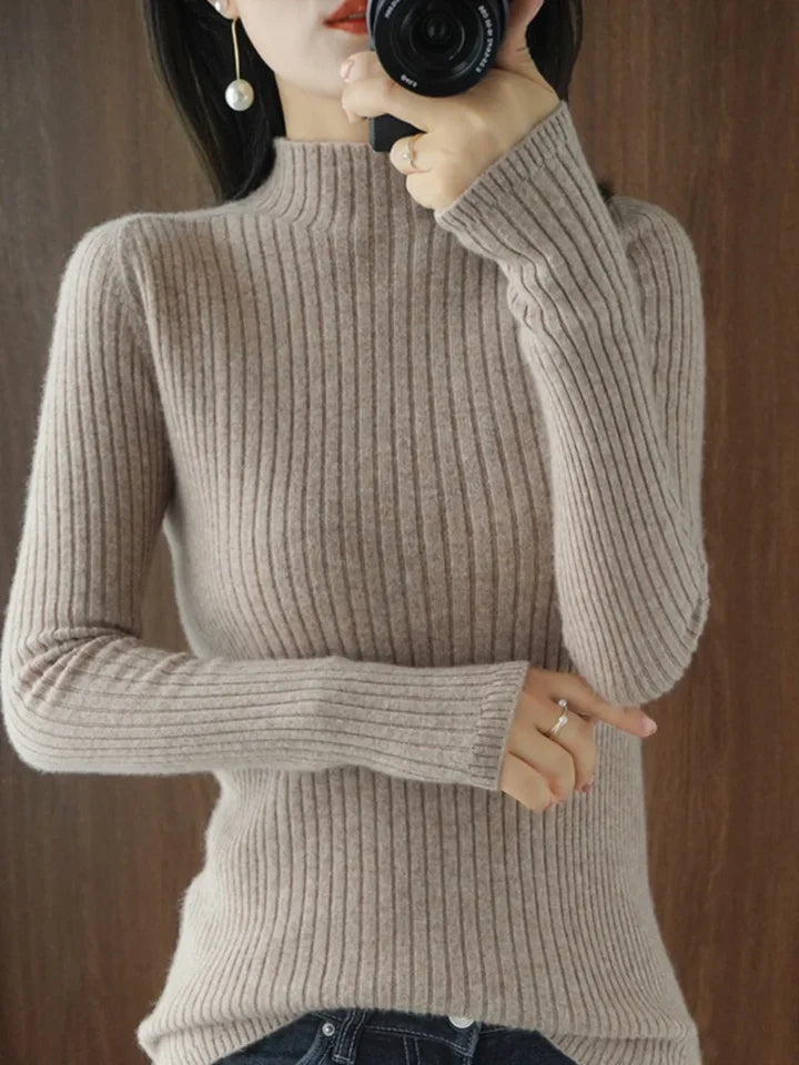 Women’s Thick Warm Slim Sweater, Solid Knit Half-High Collar Autumn Winter