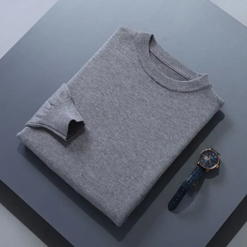 Men’s Soft Wool Sweater, Loose Round Neck Solid Warm Business Knit Top