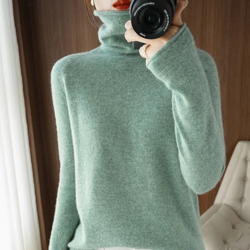 Women’s Turtleneck Slim Sweater, Solid High-Stretch Knit Top Autumn Winter