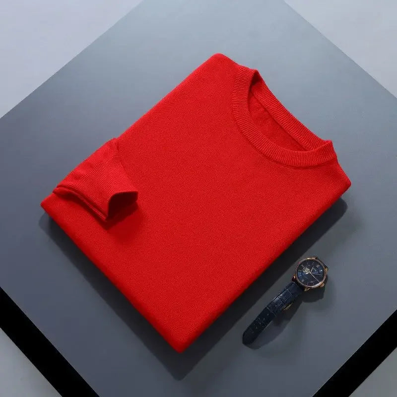 Men’s Soft Wool Sweater, Loose Round Neck Solid Warm Business Knit Top