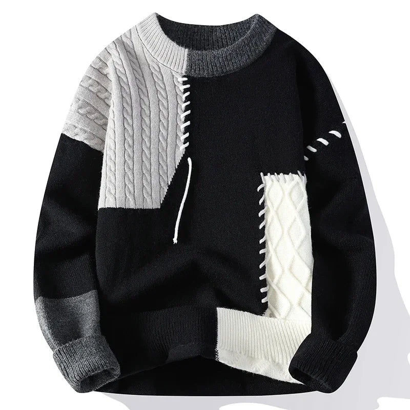 Men’s Patchwork Knit Sweater – Trendy Autumn Winter Streetwear 2025