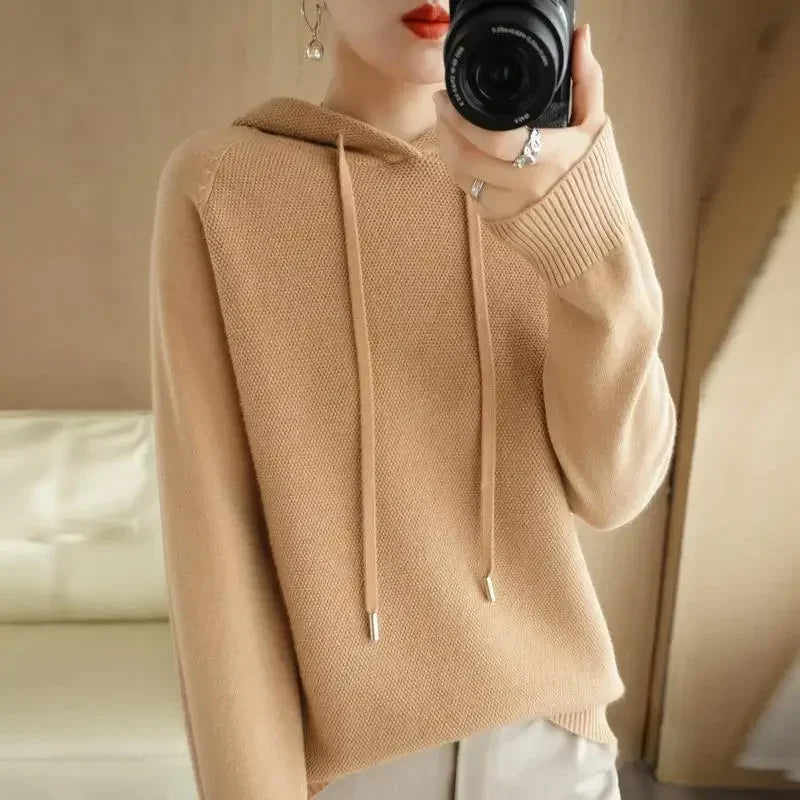Women’s Hooded Knit Sweater – Warm Long Sleeve Autumn Winter Pullover