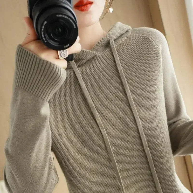 Women’s Hooded Knit Sweater – Warm Long Sleeve Autumn Winter Pullover
