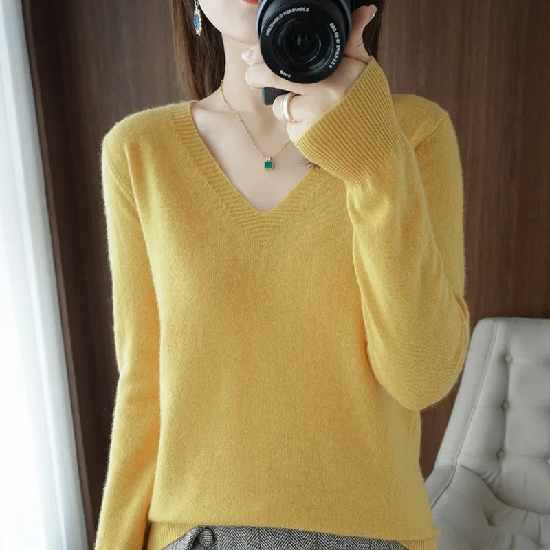Women’s V-Neck Solid Knit Sweater – Casual Slim Fit Spring Autumn Top