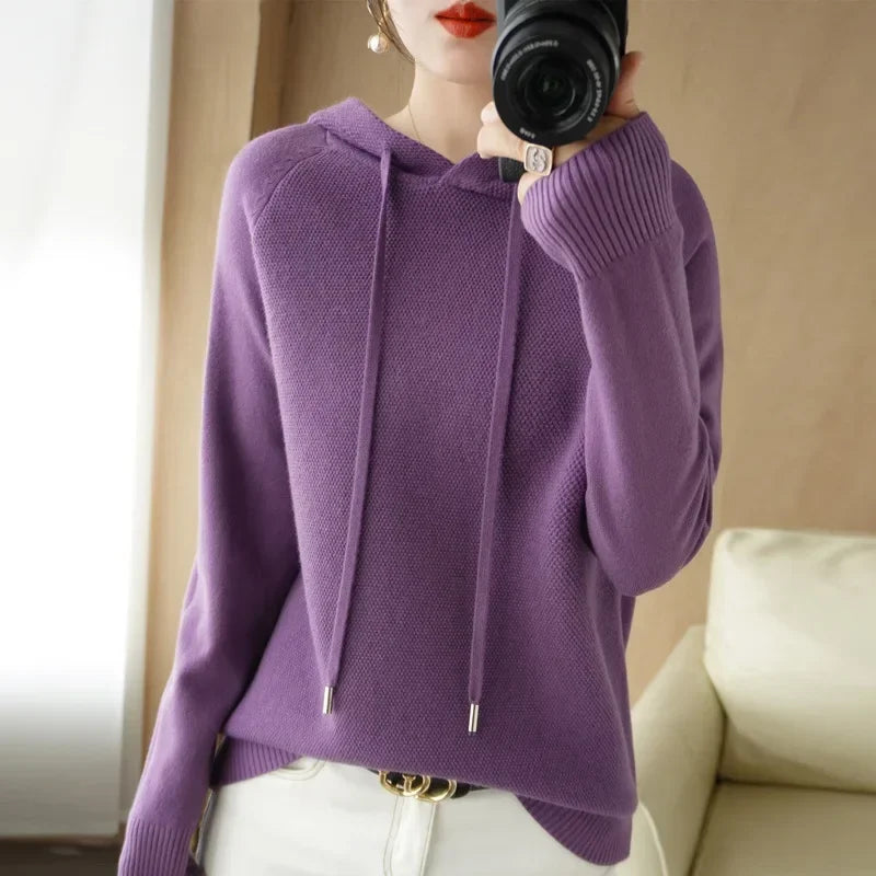Women’s Hooded Knit Sweater – Warm Long Sleeve Autumn Winter Pullover